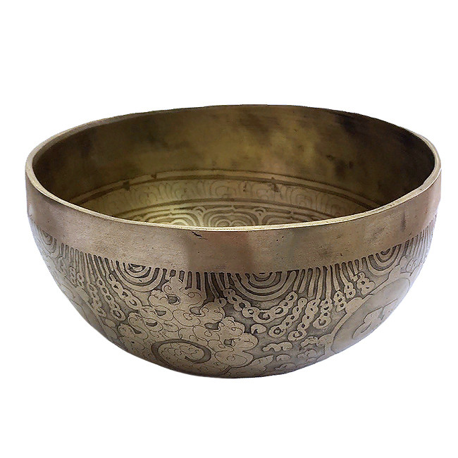Поющая чаша кованая с буддийскими символами (17 см, нота: Ля)