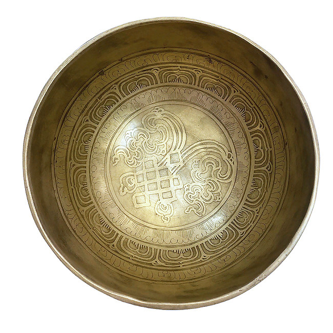 Поющая чаша кованая с буддийскими символами (17 см, нота: Ля)