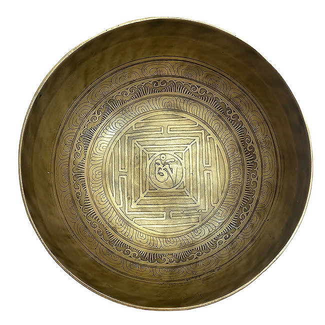 Поющая чаша кованая с буддийскими символами (20 см, нота: Ре)