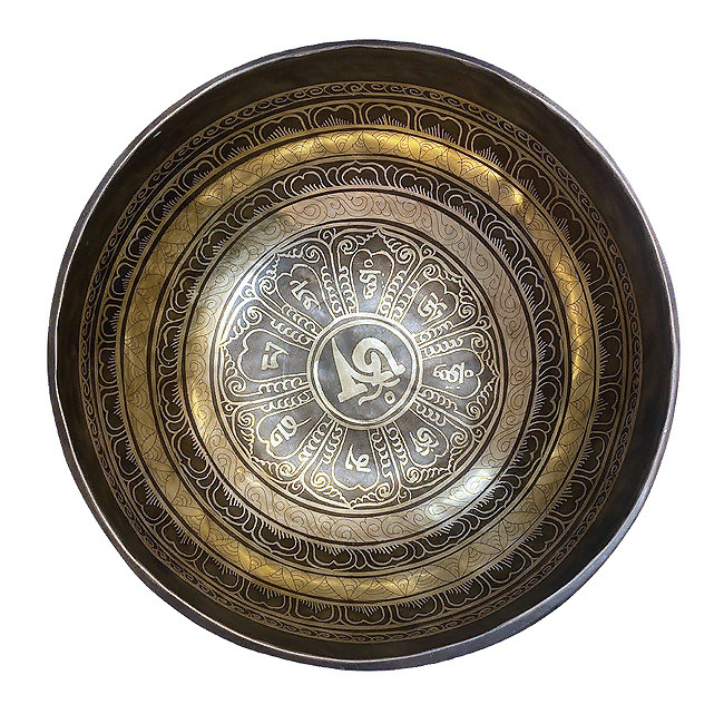 Поющая чаша кованая темная с буддийскими символами (25 см, нота: До)