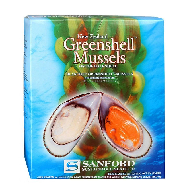 Зеленые Мидии в 1/2 раковине, 1000 гр, Новая Зеландия